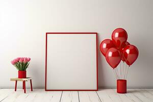 Red square frame mockup in modern interior background, 3d render, mock up poster in interior background with red balloons, AI Generated photo