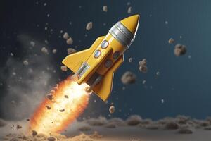 Toy rocket takes off business and finances success concept. AI Generative photo