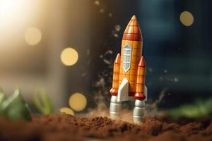 Toy rocket takes off business and finances success concept. AI Generative photo