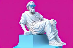 un blanco estatua de Platón en un frio pose, vistiendo magenta y cian 3d anteojos, Listo a fiesta. ai generativo foto