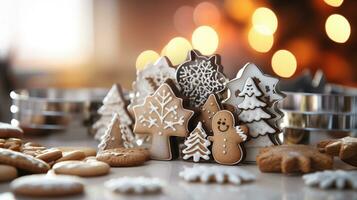 Christmas gingerbread cookies on table bokeh background. Paper for gift boxes prepared for holiday celebrations. photo