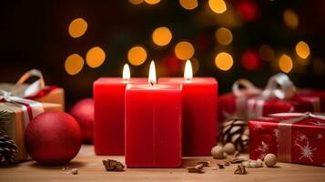 Christmas candles and ball decorations light the background. Paper for gift boxes prepared for holiday celebrations. photo