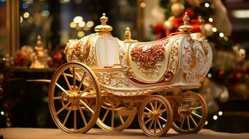 Santa's carriage with gifts for Christmas. Paper for gift boxes prepared for holiday celebrations. photo