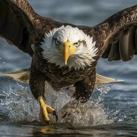 Fishing Bald Eagle, a bald eagle facing camera catches a fish out of the water, in the style of National Geographic contest winner, super telephoto close up. AI Generative photo