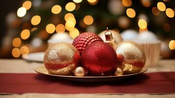 Navidad pelotas en un mesa decorado para celebrado Navidad o nuevo año. papel para regalo cajas preparado para fiesta celebraciones foto