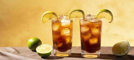 Glasses of tasty Long Island iced tea on light background. AI Generative photo