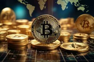 Golden bitcoin on world map background. Cryptocurrency concept. 3D Rendering, Modern way of exchange. Bitcoin is convenient payment in global economy market, AI Generated photo