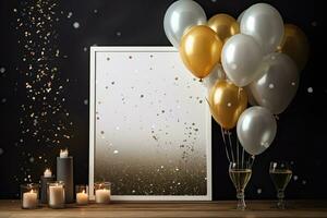 Blank photo frame with balloons and candles on wooden table. Mock up, 3D Rendering, mock up poster with party decoration, AI Generated