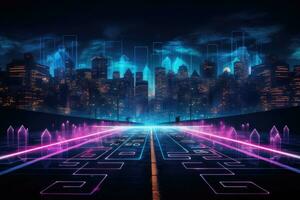 Futuristic cityscape with glowing neon lights. 3D Rendering, Neon color roadmap, street, dark background with goals, AI Generated photo