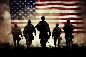 silueta de soldados en el antecedentes de el americano bandera, militar soldado siluetas en contra el americano bandera, ai generado foto