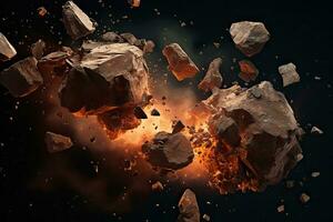 Stone explosion on black background. 3D rendering. Elements of this image are furnished by NASA, Meteorite explosions, fragments and pieces of stones, AI Generated photo