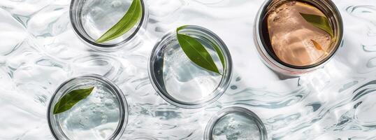 bandera laboratorio cristalería, y petri platos flotante en el superficie de el agua. ai generativo foto