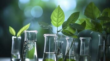 Biotechnology concept with green plant leaves, laboratory glassware, and conducting research, illustrating the powerful combination of nature and science in medical advancements.  AI Generative photo