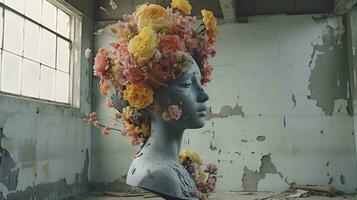 Real flowers cover a sculpture in a concrete building, a sculpture inspired, pastel accent colors, hip hop sculpture, AI Generative photo