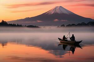 monte fuji en el Mañana a kawaguchiko lago, Japón, monte. fuji o fujisan con silueta Tres pescar personas en barcos y niebla a shoji lago con crepúsculo cielo a amanecer en yamanashi, ai generado foto