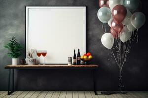 Interior of modern living room with gray walls, concrete floor, wooden floor, white mock up poster frame and decorated with balloons. 3d rendering, mock up poster with party decoration, AI Generated photo