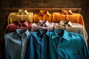 Colorful shirts in a row on a wooden shelf in a store, Mens shirts washed and ironed, AI Generated photo