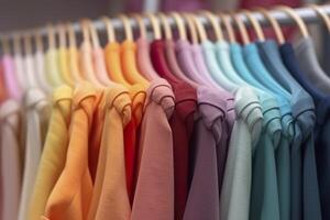 Colorful clothes on a clothing rack, pastel colorful closet in a shopping store or bedroom, rainbow color clothes choice on hangers, home wardrobe concept image. AI Generative photo