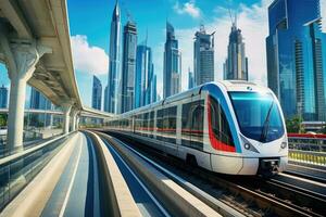 dubai metro como del mundo mas largo completamente automatizado metro red, Dubái, eau, metro ferrocarril entre entre vaso rascacielos en Dubái tráfico en calle en Dubái, ai generado foto