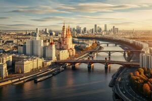 panorámico ver de Moscú y el spassky puente, Moscú horizonte con el histórico arquitectura rascacielos y moskva río y arbat calle puente, aéreo vista, ai generado foto