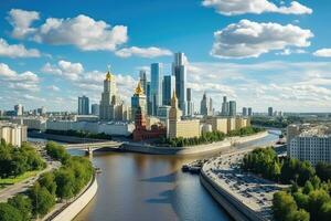 panorámico ver de Moscú kremlin y moskva río, Rusia, Moscú horizonte con el histórico arquitectura rascacielos y moskva río y arbat calle puente, aéreo vista, ai generado foto