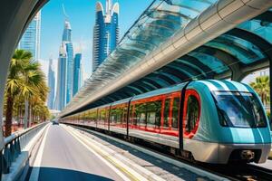 dubai metro como del mundo mas largo completamente automatizado metro red , Dubái, eau, metro ferrocarril entre entre vaso rascacielos en Dubái tráfico en calle en Dubái, ai generado foto