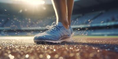 Runner feet running on a stadium, closeup on feet, sports background, space for copy, AI Generative photo