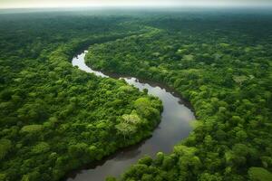 Aerial view of the Amazonas jungle landscape with river bend. Generative AI photo