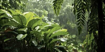 Rain falls in a rainforest with the rain drops. Generative AI photo