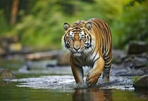 Amur tiger walking in the water. Dangerous animal.  Animal in a green forest stream. Generative AI photo