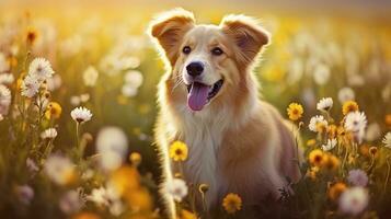 encantador corgi perro con flores en el primavera. generativo ai foto