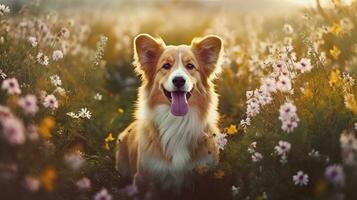 Charming corgi dog with flowers in the spring. Generative AI photo