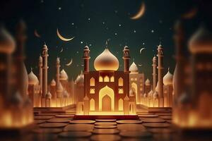 illustration of eid Mubarak night with light of a lamp, paper style, luxury happy Eid background, AI Generative photo