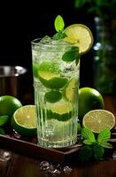 Mojito with fresh mint leaves and lime on crushed ice, on a black background - AI generated image photo