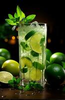 Mojito with fresh mint leaves and lime on crushed ice, on a black background - AI generated image photo