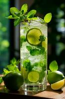 Mojito with fresh mint leaves and lime on crushed ice, on a black background - AI generated image photo