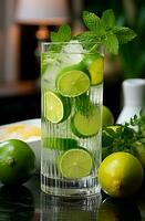 Mojito with fresh mint leaves and lime on crushed ice, on a black background - AI generated image photo