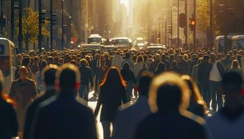 Crowd of people walking busy city street backlit. Generative AI photo