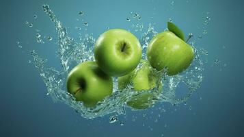 Fresh green apples fall into the water with a splash on blue background. Generative AI photo