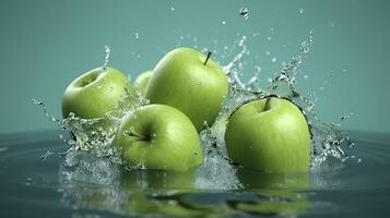 Fresh green apples fall into the water with a splash on blue background. Generative AI photo