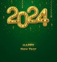 Happy New Year 2024. Golden foil balloon numbers on green background. High detailed 3D realistic gold foil helium balloons. Merry Christmas and Happy New Year 2024 greeting card. Vector illustration.