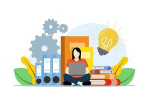 Home learning exploration concept. woman is working with a laptop. students or freelancers. remote work and distance education. flat vector illustration on white background.