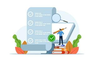 Exam concept with characters, online test and checking answers, exam, test, quiz, Character Filling Survey Form, Examination Mark on Checklist, vector flat illustration on white background.