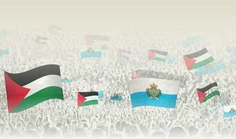 Palestine and San Marino flags in a crowd of cheering people. vector