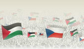 Palestine and Czech Republic flags in a crowd of cheering people. vector