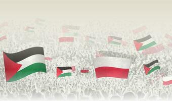 Palestine and Poland flags in a crowd of cheering people. vector