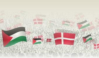 Palestine and Denmark flags in a crowd of cheering people. vector