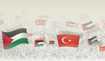 Palestine and Turkey flags in a crowd of cheering people. vector