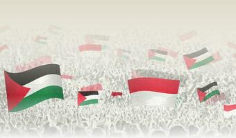 Palestine and Monaco flags in a crowd of cheering people. vector