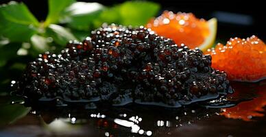 Black caviar, fresh seafood - AI generated image photo
